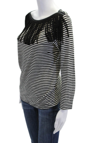 Maje Womens Cotton Striped Fringe Detail Boat Neck Long Sleeve Top Black Size 2