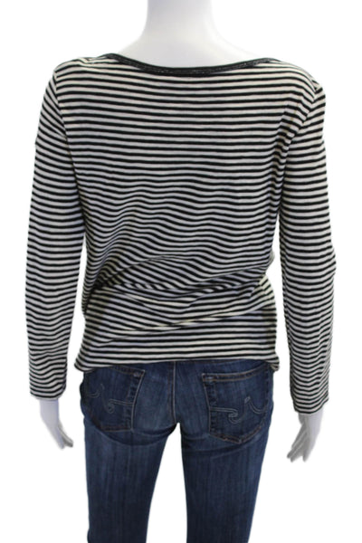 Maje Womens Cotton Striped Fringe Detail Boat Neck Long Sleeve Top Black Size 2