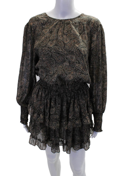 Misa Womens Textured Scoop Neck Long Sleeve Pattern Tier Dress Brown Size S