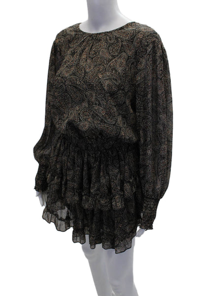 Misa Womens Textured Scoop Neck Long Sleeve Pattern Tier Dress Brown Size S