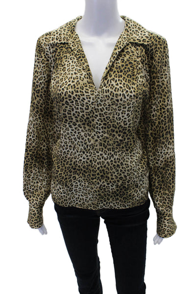 Frame Womens Silk Animal Print V-Neck Collared Pullover Blouse Top Beige Size M