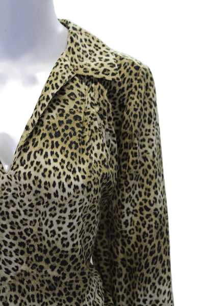 Frame Womens Silk Animal Print V-Neck Collared Pullover Blouse Top Beige Size M