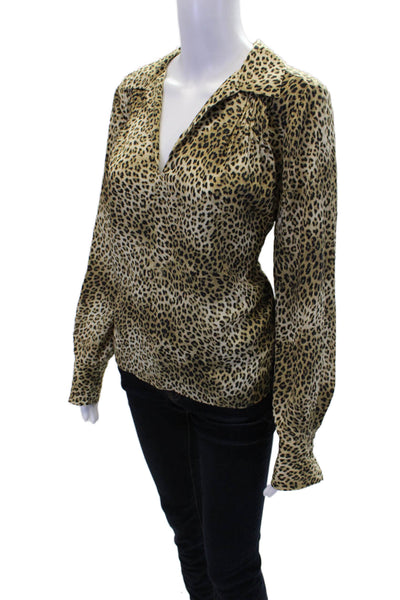 Frame Womens Silk Animal Print V-Neck Collared Pullover Blouse Top Beige Size M