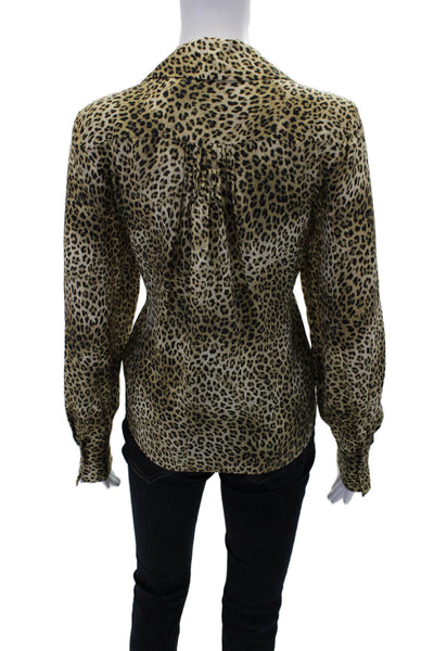 Frame Womens Silk Animal Print V-Neck Collared Pullover Blouse Top Beige Size M