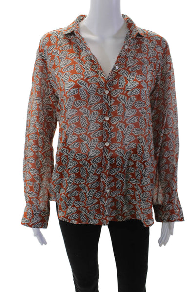 Hartford Womens Long Sleeve Collared Leaf Printed Shirt Brown White Size 4