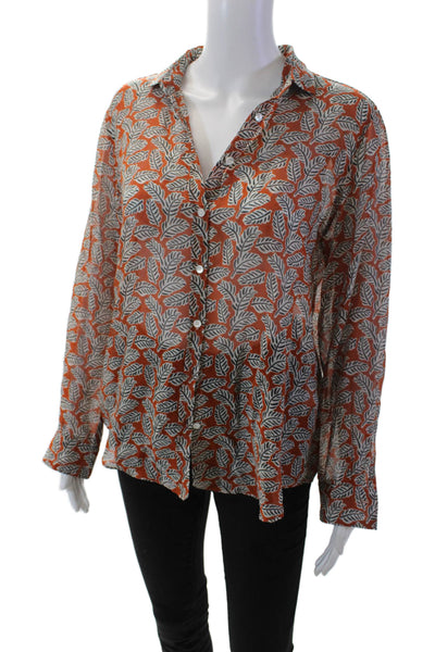 Hartford Womens Long Sleeve Collared Leaf Printed Shirt Brown White Size 4