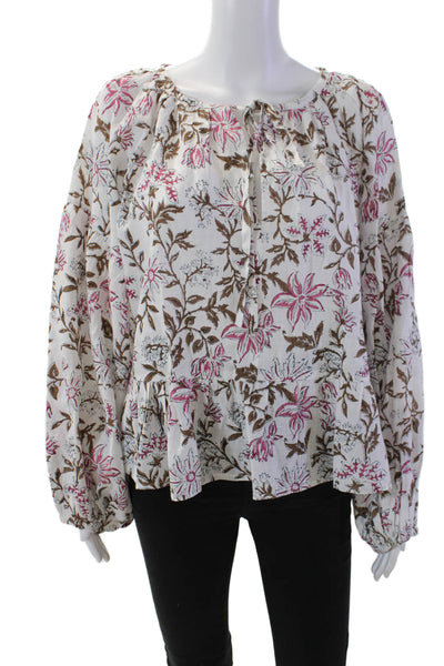 Hannah Womens Long Sleeve Keyhole Linen Floral Blouse White Brown Pink Size 2