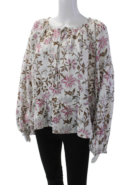 Hannah Womens Long Sleeve Keyhole Linen Floral Blouse White Brown Pink Size 2