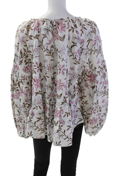 Hannah Womens Long Sleeve Keyhole Linen Floral Blouse White Brown Pink Size 2