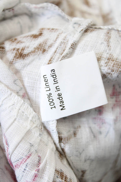 Hannah Womens Long Sleeve Keyhole Linen Floral Blouse White Brown Pink Size 2