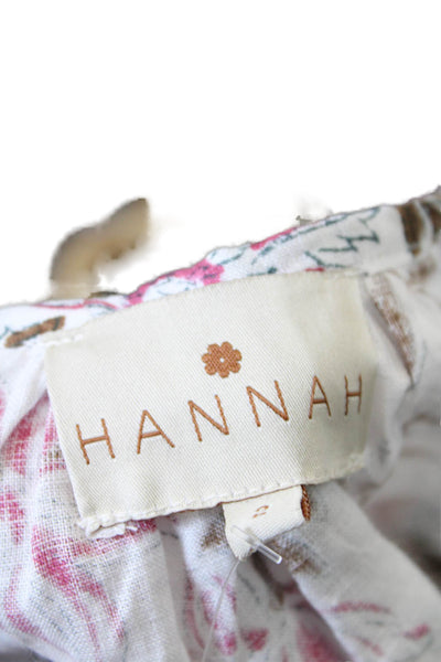 Hannah Womens Long Sleeve Keyhole Linen Floral Blouse White Brown Pink Size 2