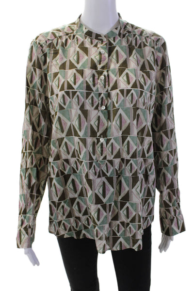 Hartford Womens Long Sleeve Crew Neck Abstract Shirt Brown Green Cotton Size 4