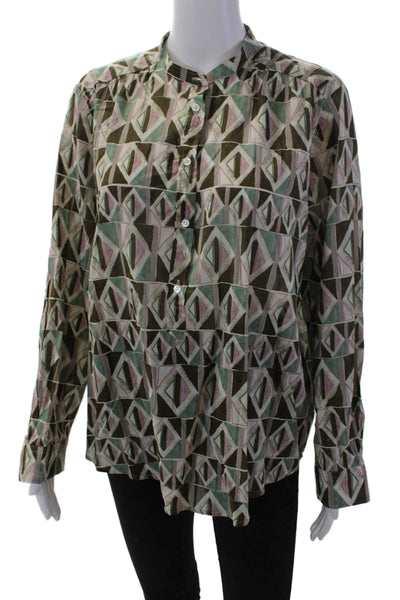 Hartford Womens Long Sleeve Crew Neck Abstract Shirt Brown Green Cotton Size 4