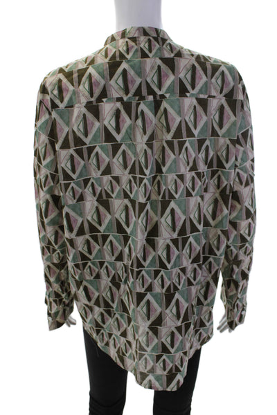 Hartford Womens Long Sleeve Crew Neck Abstract Shirt Brown Green Cotton Size 4