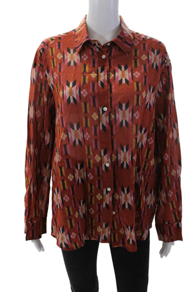 Hartford Womens Long Sleeve Crew Neck Abstract Shirt Brown Green Cotton Size 4