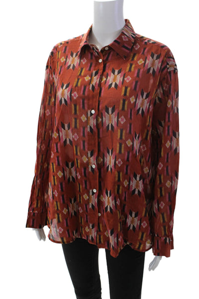 Hartford Womens Long Sleeve Crew Neck Abstract Shirt Brown Green Cotton Size 4