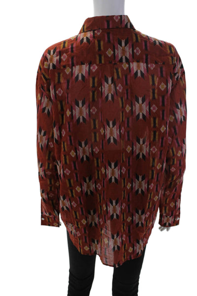 Hartford Womens Long Sleeve Crew Neck Abstract Shirt Brown Green Cotton Size 4