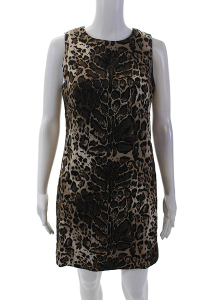 Trina Turk Womens Textured Round Neck Sleeveless Animal Print Dress Brown Size 0