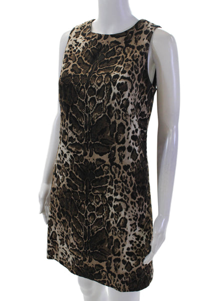 Trina Turk Womens Textured Round Neck Sleeveless Animal Print Dress Brown Size 0