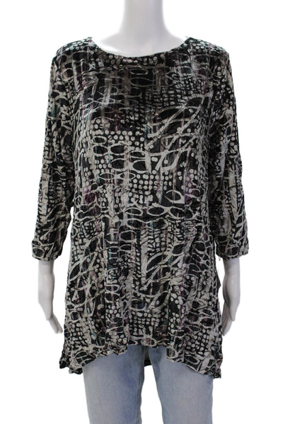 Kozan Womens Abstract Printed Velvet 3/4 Sleeve Tunic Blouse Dark Gray Size L