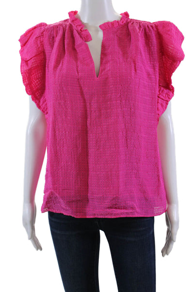 Marie Oliver Womens Linen Ruffled Short Sleeves Blouse Fuchsia Pink Size Medium