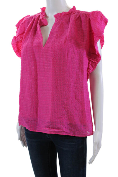 Marie Oliver Womens Linen Ruffled Short Sleeves Blouse Fuchsia Pink Size Medium