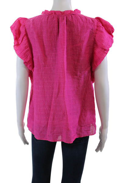 Marie Oliver Womens Linen Ruffled Short Sleeves Blouse Fuchsia Pink Size Medium