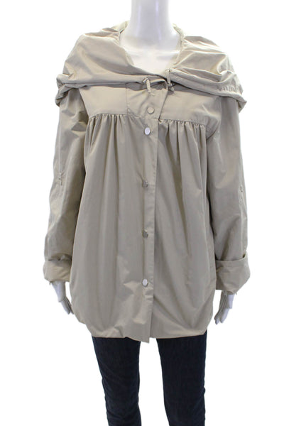 Hilary Radley Womens Hooded Silver Tone Button Down Jacket Khaki Beige Size 12