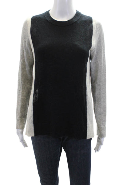 Vince Womens Long Sleeve Open Knit Trim Cashmere Sweater Black Gray Size Small