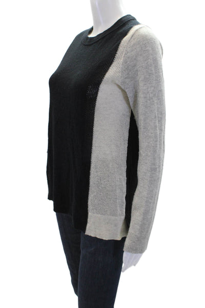 Vince Womens Long Sleeve Open Knit Trim Cashmere Sweater Black Gray Size Small