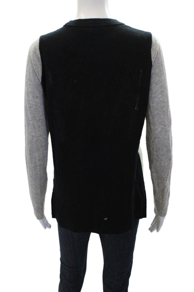 Vince Womens Long Sleeve Open Knit Trim Cashmere Sweater Black Gray Size Small