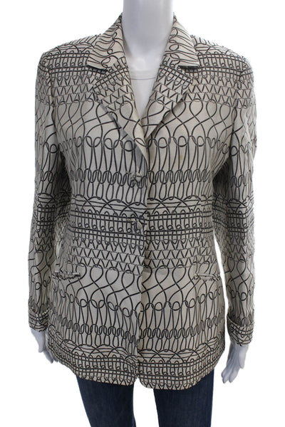 Zanella Womens Cotton Geometric Buttoned Long Sleeve Blazer White Size 12