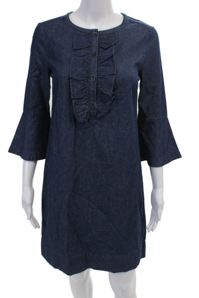 Draper James Womens Half Sleeve Ruffle Trim Denim Shift Dress Blue Size 0
