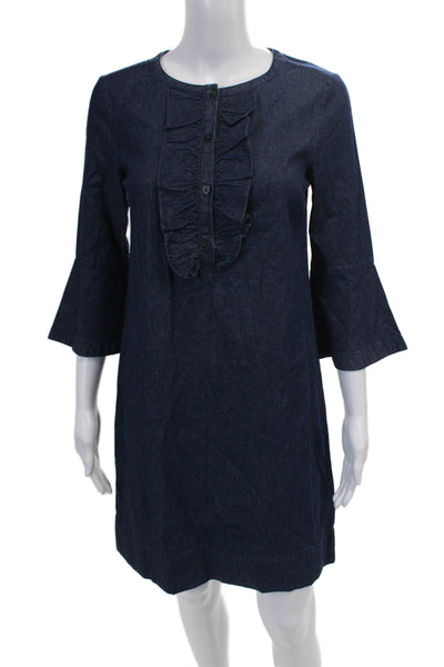 Draper James Womens Half Sleeve Ruffle Trim Denim Shift Dress Blue Size 0