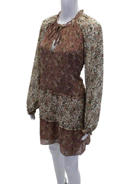 Show Me Your Mumu Womens Long Sleeve Keyhole Floral Mini Dress Brown White Large