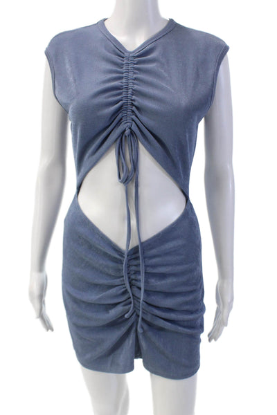 With Jean Womens Textured Round Neck Ruched Cut Out Dress Blue Size S