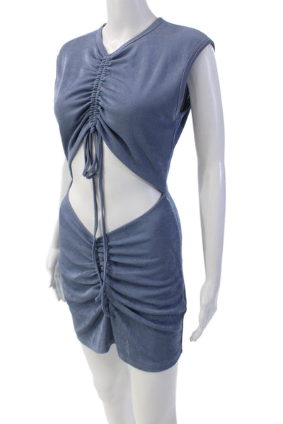 With Jean Womens Textured Round Neck Ruched Cut Out Dress Blue Size S