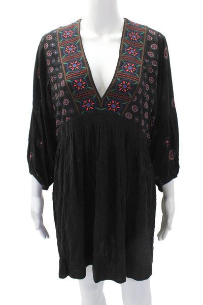 Desigual Women's Long Sleeves Floral Babydoll Flare Mini Dress Black Size M