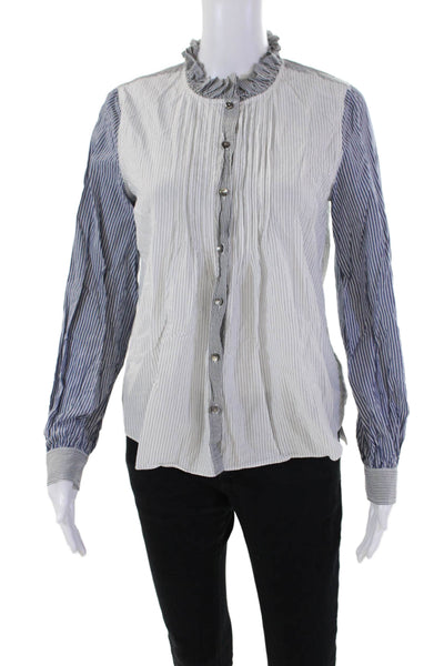 La Vie Women's Long Sleves Ruffle Button Down Striped Shirt White Size M