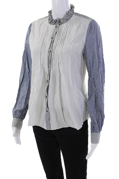 La Vie Women's Long Sleves Ruffle Button Down Striped Shirt White Size M