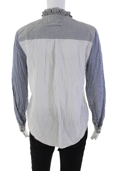 La Vie Women's Long Sleves Ruffle Button Down Striped Shirt White Size M