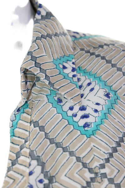 Roller Rabbit Womens Printed Button Down Shirt Beige Blue Cotton Size Small