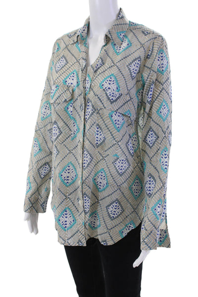 Roller Rabbit Womens Printed Button Down Shirt Beige Blue Cotton Size Small