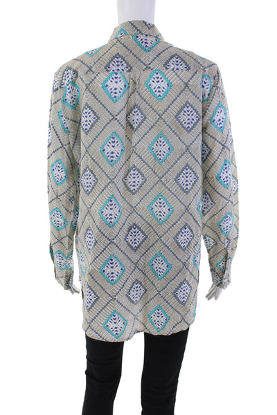 Roller Rabbit Womens Printed Button Down Shirt Beige Blue Cotton Size Small