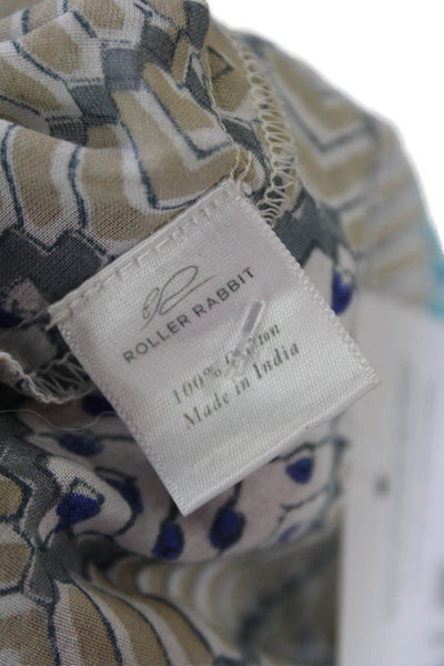 Roller Rabbit Womens Printed Button Down Shirt Beige Blue Cotton Size Small