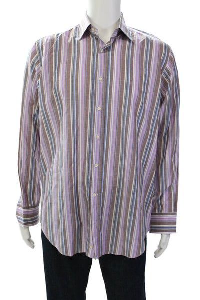 Etro Milano Mens Cotton Striped Collar Long Sleeve Dress Shirt Purple Size 42