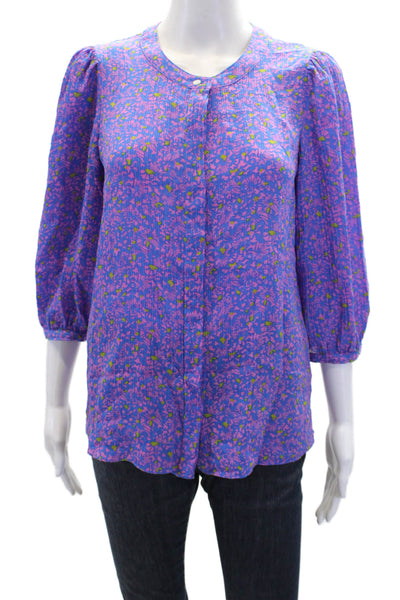 Tanya Taylor Womens Silk Floral Printed V-Neck Buttoned Blouse Blue Size 2