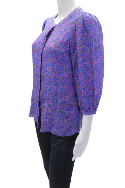 Tanya Taylor Womens Silk Floral Printed V-Neck Buttoned Blouse Blue Size 2
