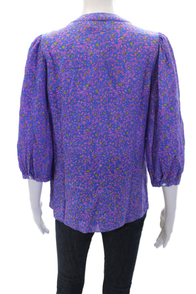 Tanya Taylor Womens Silk Floral Printed V-Neck Buttoned Blouse Blue Size 2