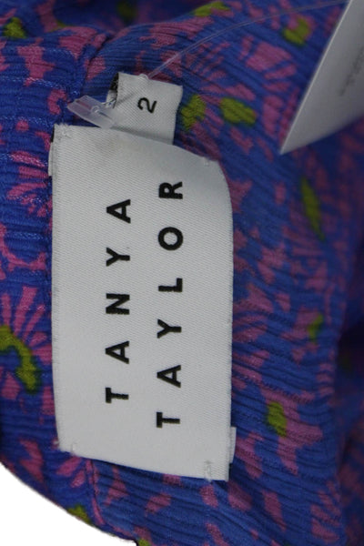 Tanya Taylor Womens Silk Floral Printed V-Neck Buttoned Blouse Blue Size 2